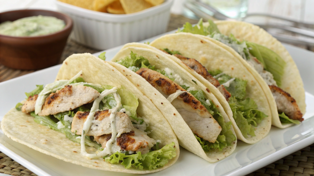 Caesar tacos with grilled chicken and shredded romaine