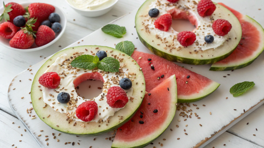 Watermelon “Bagels” with Light Cream Cheese & Hemp Seeds