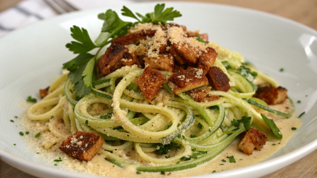 Zoodle Carbonara with Smoked Tempeh  for Summer Dinner