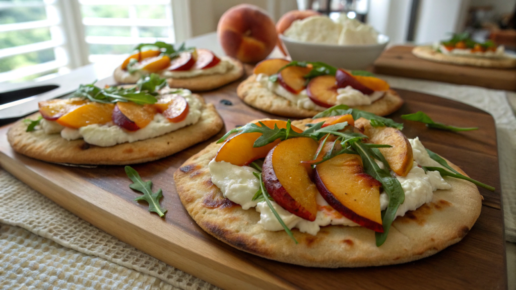 Peach & Ricotta Pita Pizzas with Arugula  for Summer Dinner