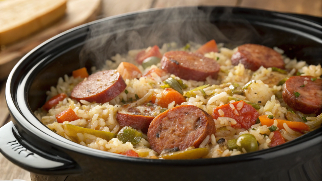 Smoked Sausage and Rice Crockpot Casserole