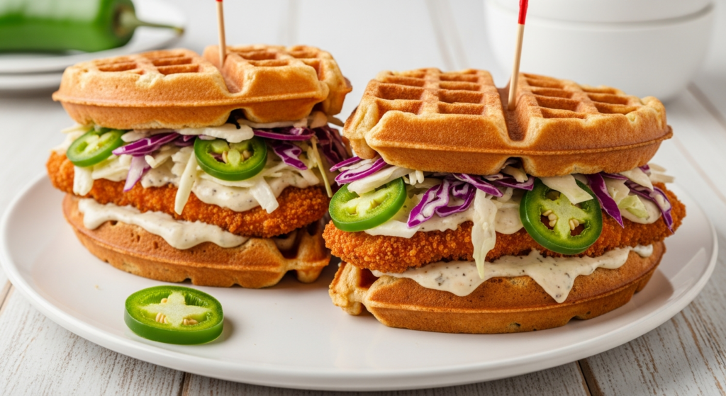 Caesar Waffle Sandwiches with Jalapeño Slaw