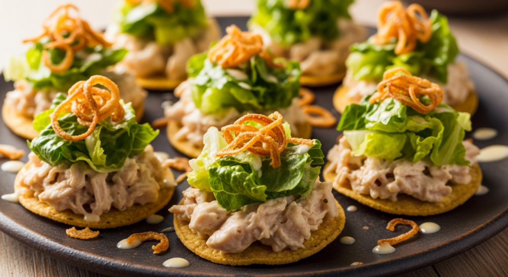 Mini Chicken Caesar Tostadas with Crispy Shallots