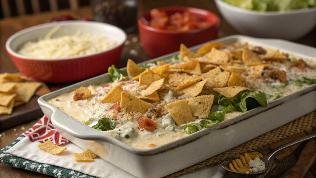 Nacho-Style Caesar Dip with Crushed Tortilla Topping