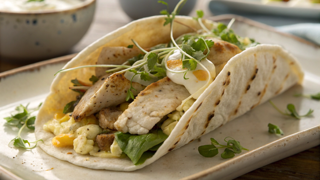Chicken Caesar Breakfast Taco with Eggs and Microgreens