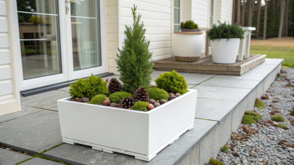 Minimalist Outdoor Box with Single Evergreen Focus