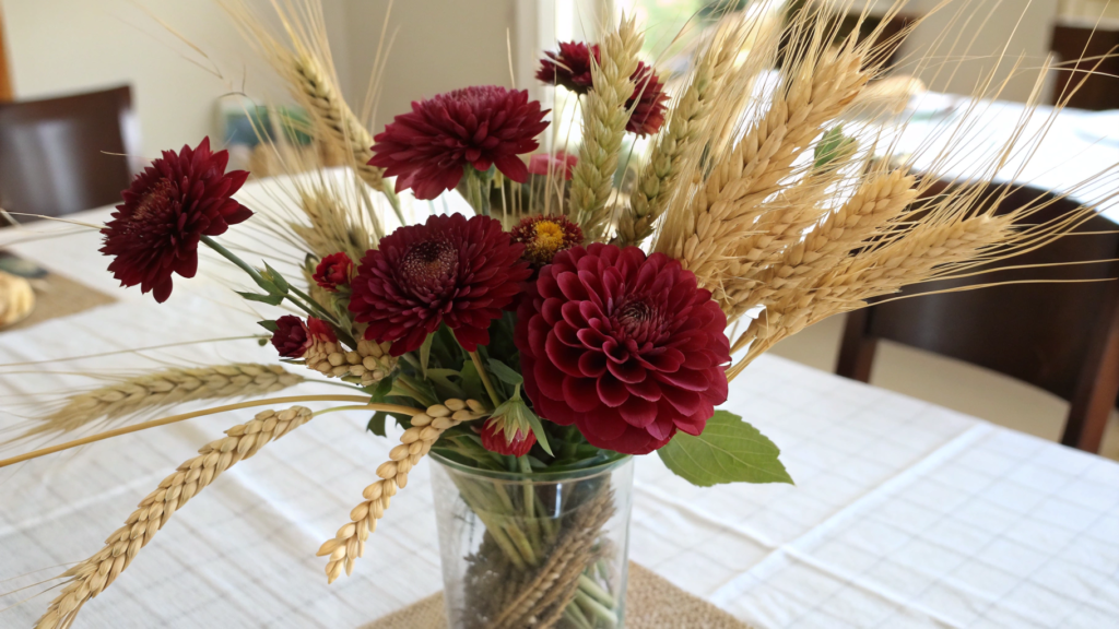 Burgundy Dahlia & Wheat Centerpiece