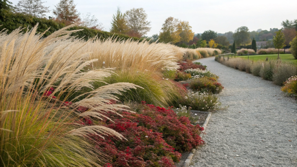 Ornamental Grass Rows with Autumn Sedum Pops