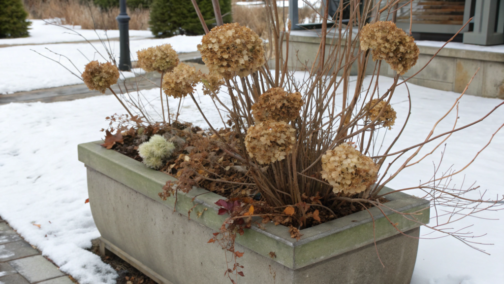 Outdoor Winter Planter Box with Hydrangea Heads