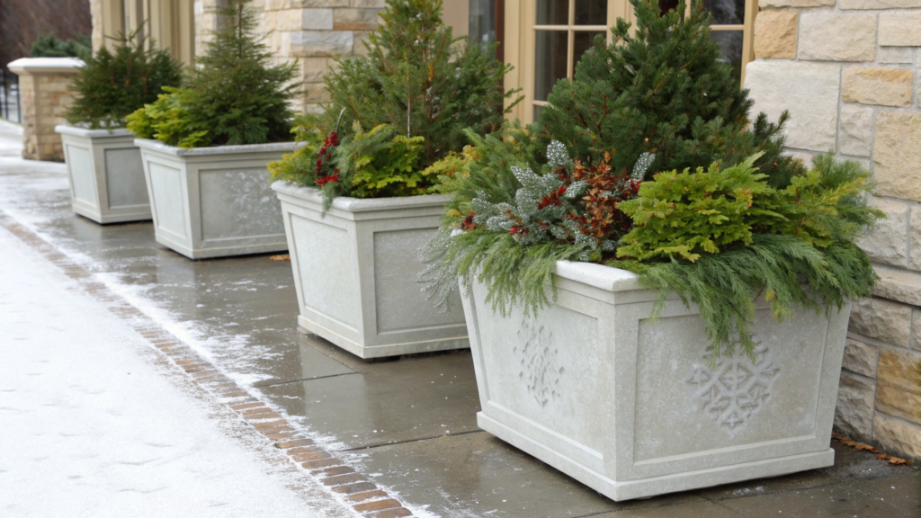 Frost-Proof Resin Planters Filled with Seasonal Greens