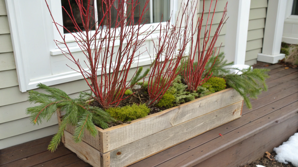 Classic Wooden Box with Red Dogwood Branches