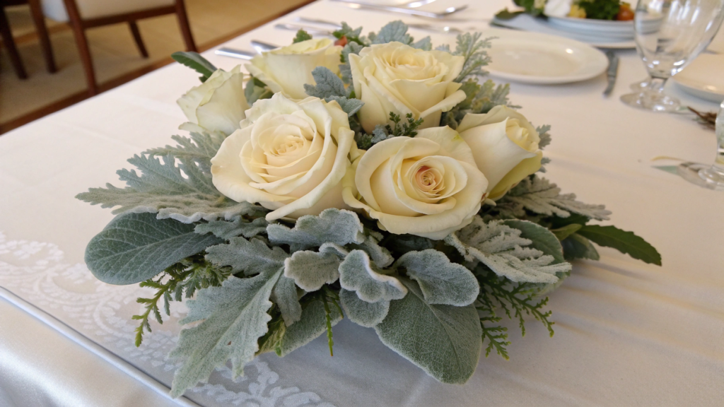 Cream Rose & Dusty Miller Table Arrangement