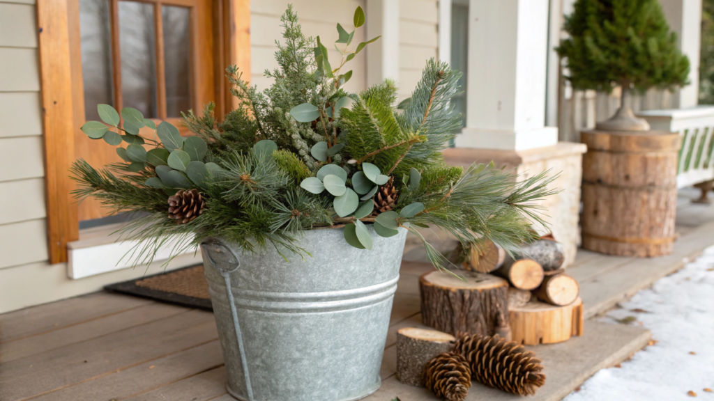 Metal Bucket Planter With Eucalyptus and Pine