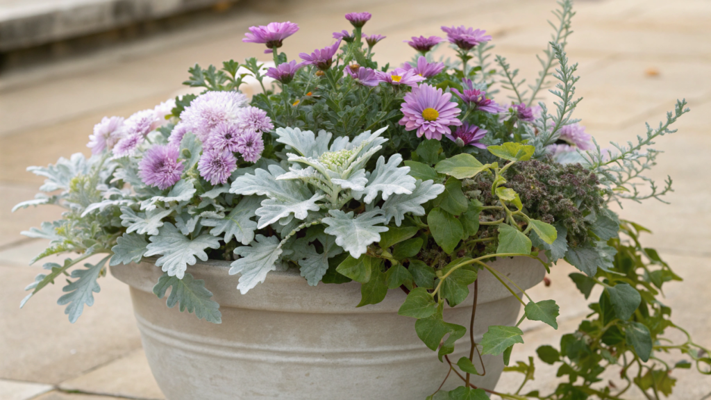 Mixed Pot of Asters, Dusty Miller & Trailing Vines