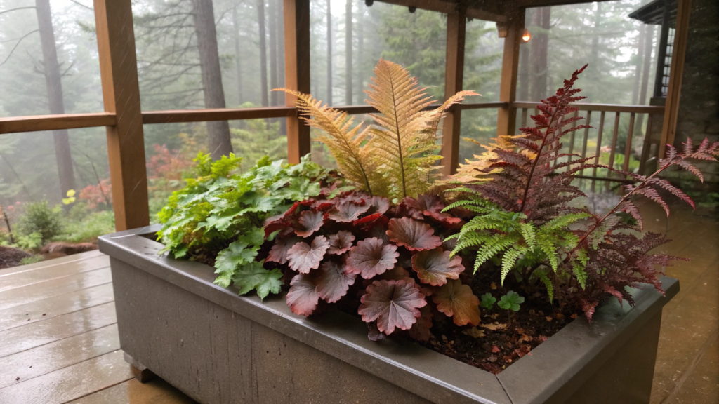 Cozy Porch Bin with Heuchera + Bronze Fern