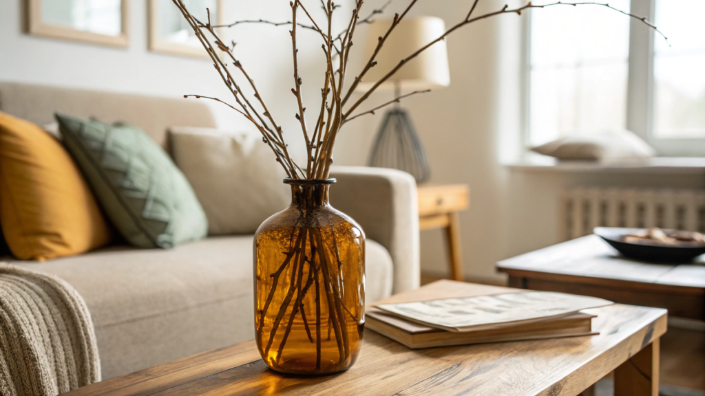 Cozy Living Room Arrangement in Amber Glass Vase