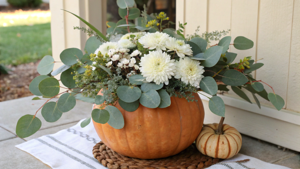 Eucalyptus & Mums in Real Pumpkin Vase