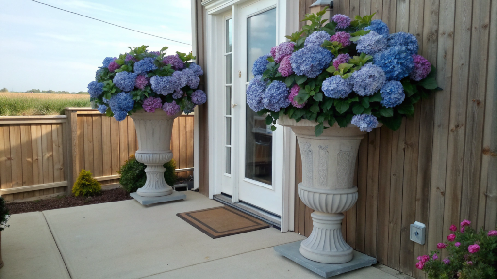 Hydrangeas in Tall Porch Urns