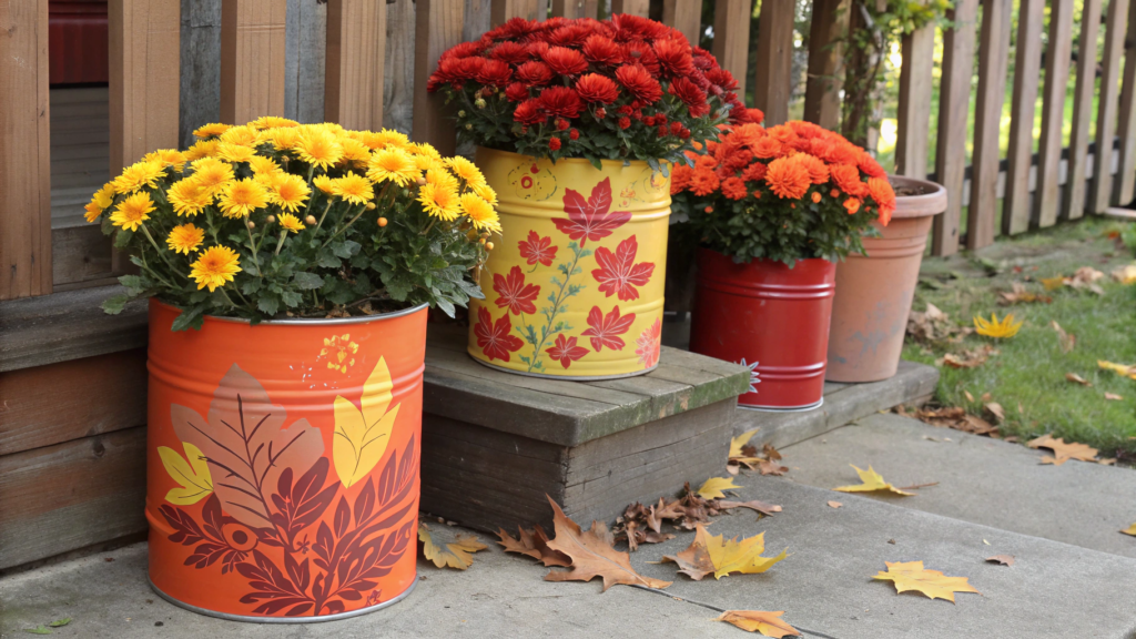 Potted Mums in Painted Tins