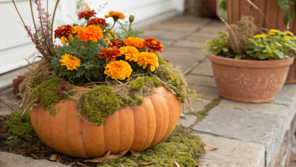 Pumpkin Pot DIY with Marigolds and Moss