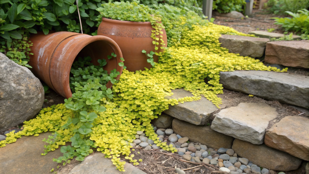 Spilled Pot Rock Garden with Creeping Jenny