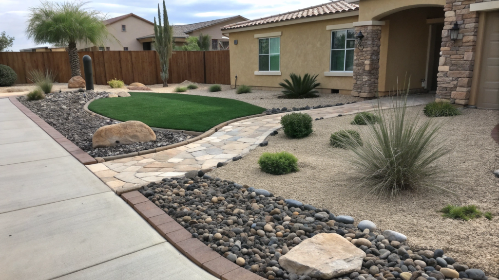 Front Yard Desert Landscaping with Decorative Turf