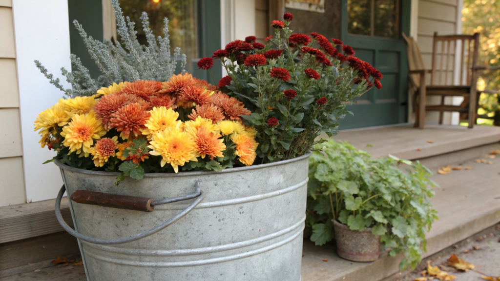 Galvanized Bucket Arrangement with Sage and Mums