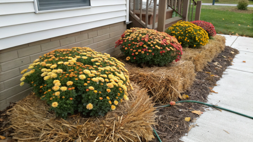 Shrub Base with Chrysanthemums & Straw Mulch