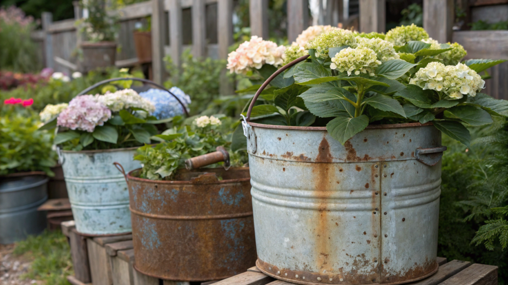 Vintage Metal Bucket Hydrangea Planters