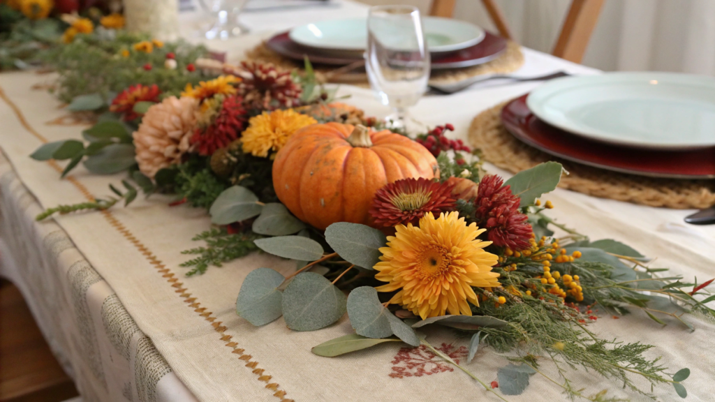 Thanksgiving Table Runner of Mixed Fall Florals