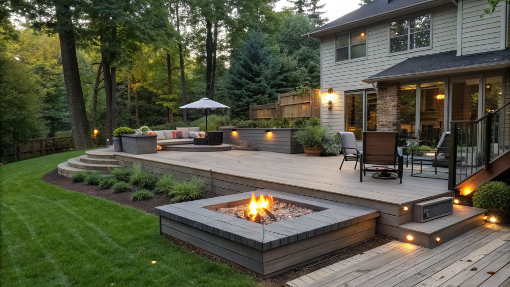 Ground-Level Deck with Built-In Fire Pit
