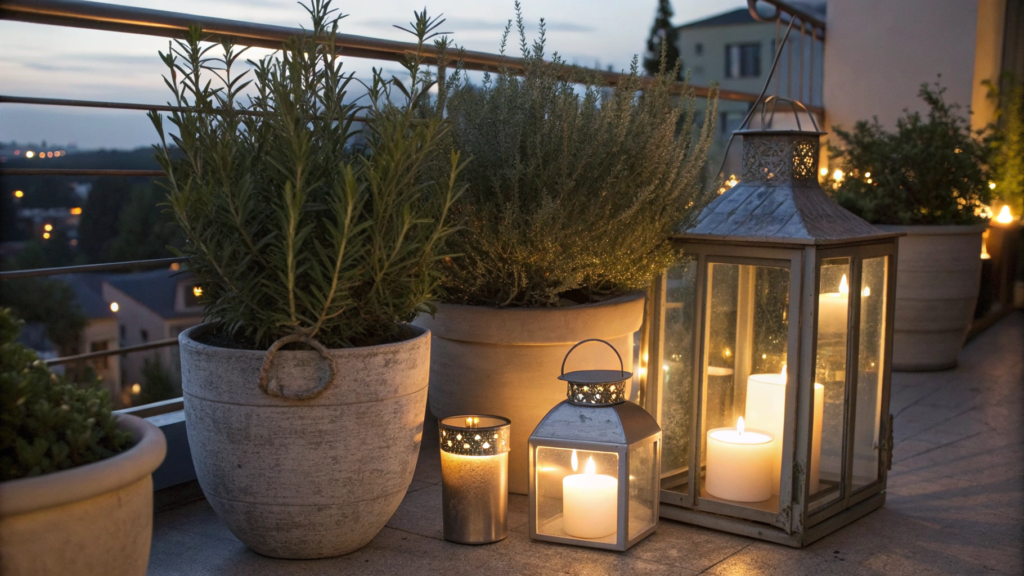 Lanterns and Candlelight Among Planters