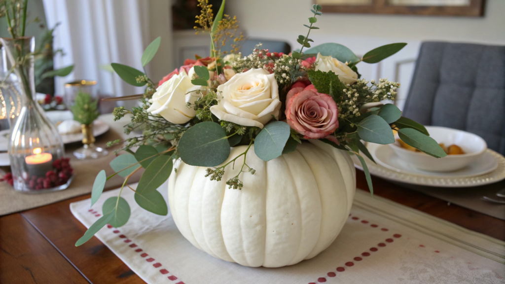 White Pumpkin Vase with Roses & Eucalyptus