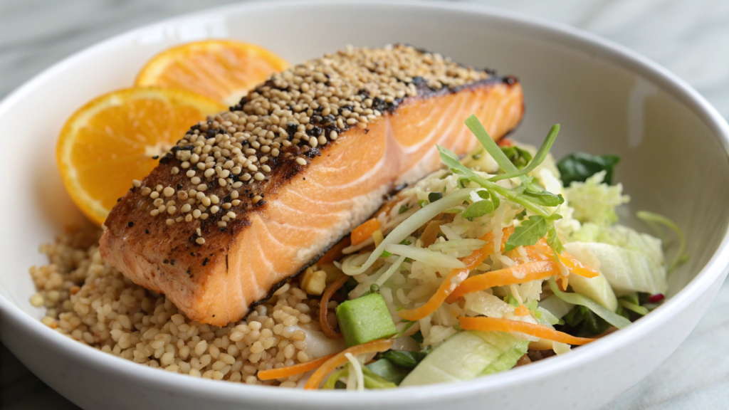 Sesame Crusted Salmon Bowl with Citrus Slaw