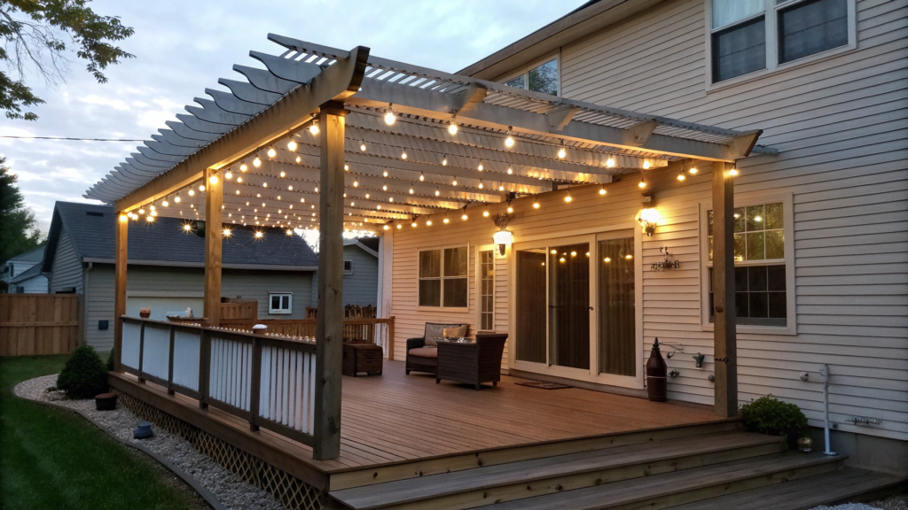Pergola-Covered Deck with String Lighting