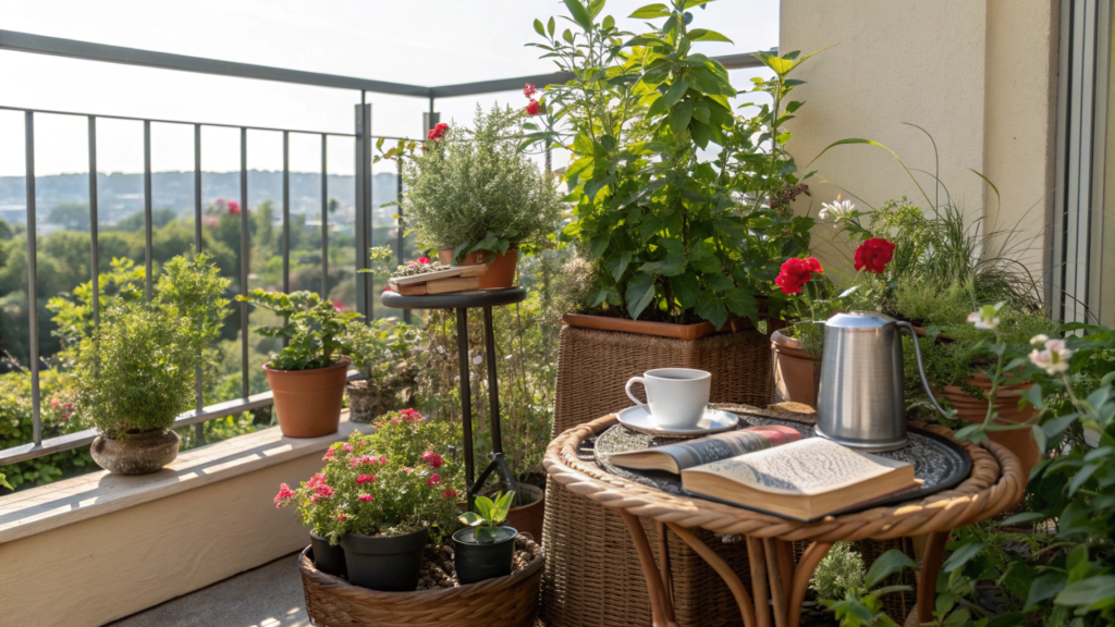 Accent Tables Surrounded by Container Gardens