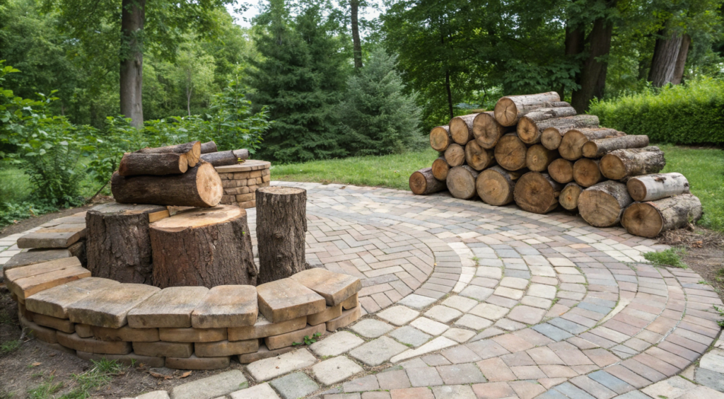Rustic Fire Zone with Logs and Pavers