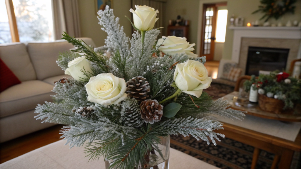 Frosted Pine and White Rose Living Room Display