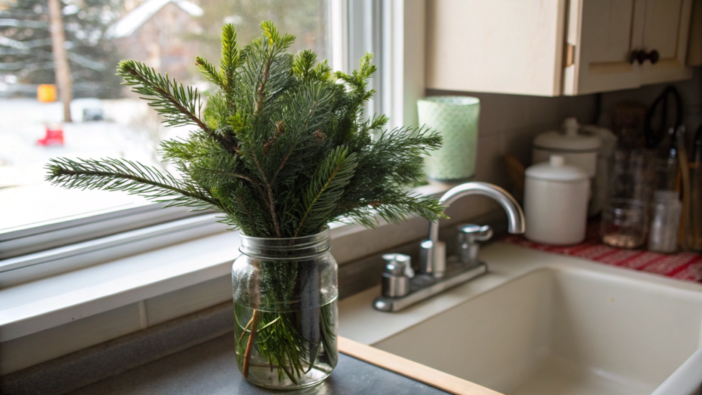 Evergreen Mason Jar Kitchen Arrangement