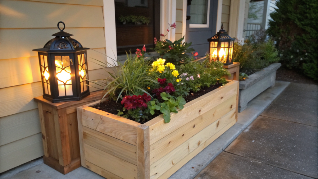 Lantern-Filled Cedar Box Planter