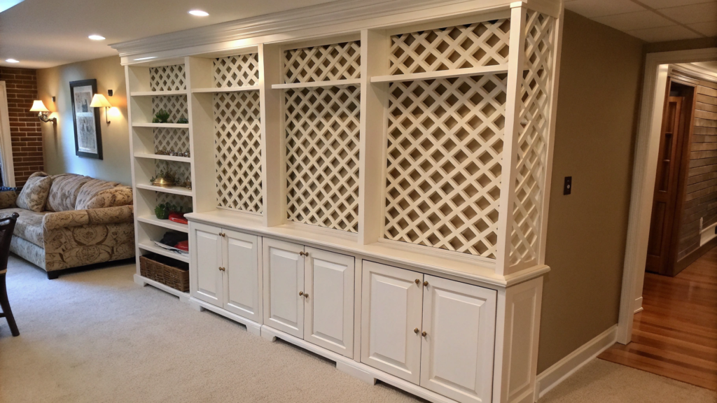 Painted Lattice Panel with Integrated Shelves
