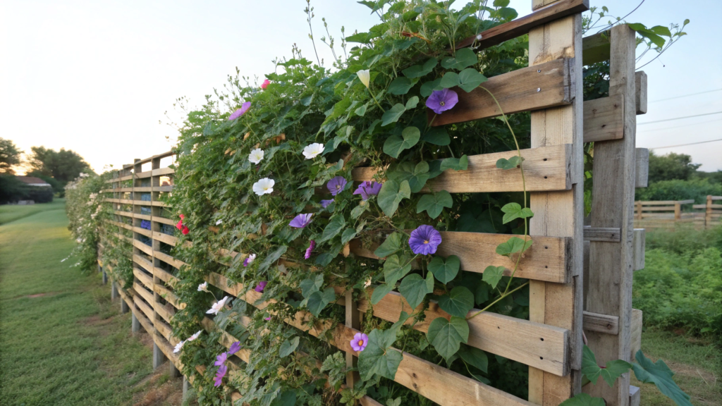 Reclaimed Pallet Trellis with Morning Glories