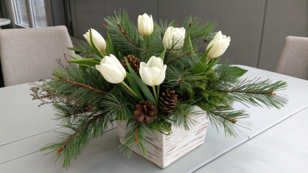 Simple White Tulip and Pine Centerpiece