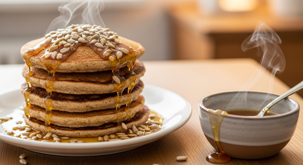 Warm Oat Pancakes with Honey Sunflower Drizzle