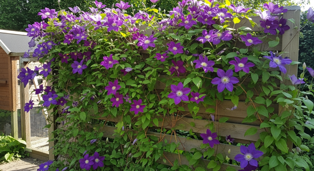 Garden Fence Screen with Clematis Blooms