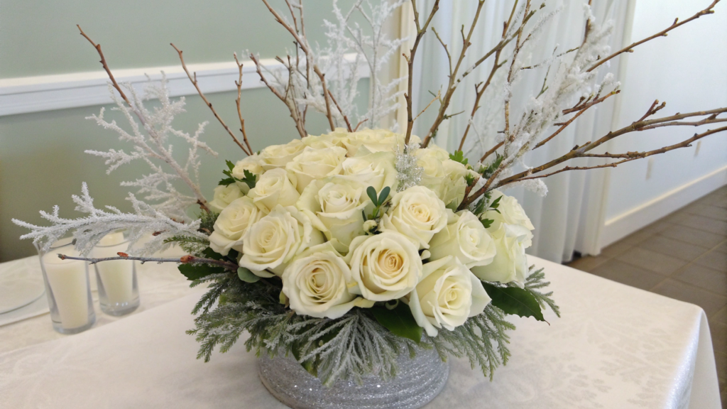 White Rose and Frosted Branch Centerpiece