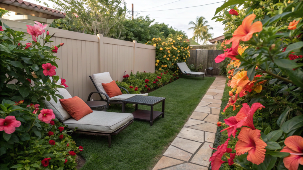 Backyard Lounge Areas Surrounded by Hibiscus Blooms