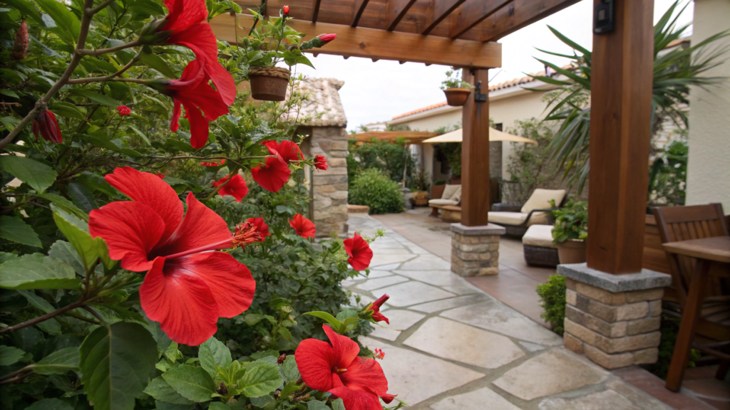 Patio Corners Framed with Bold Red Blooms