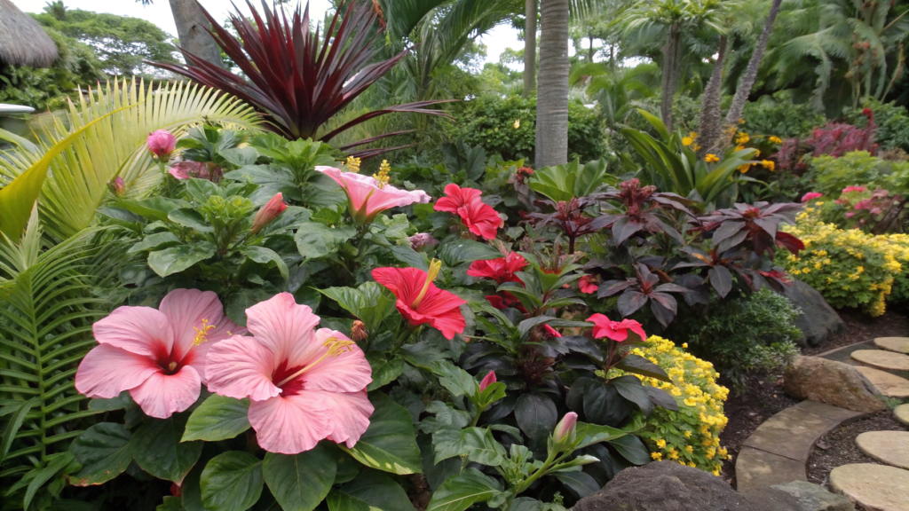 Mixed Tropical Flower Beds with Hibiscus as the Focal Point