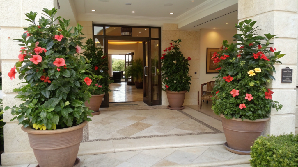 Entryway Accents with Potted Hibiscus Plants
